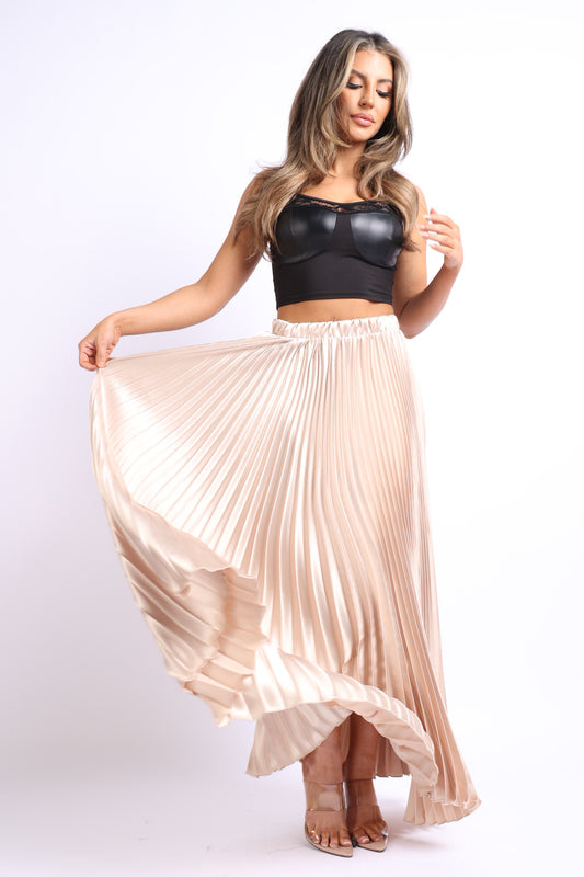 Elastic High Waist A-Line Pleated Satin Maxi Skirt TAUPEย |ย Puce Juniper