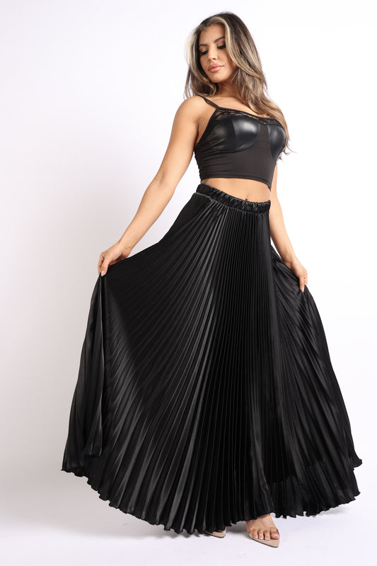 Elastic High Waist A-Line Pleated Satin Maxi Skirt BLACKย |ย Puce Juniper
