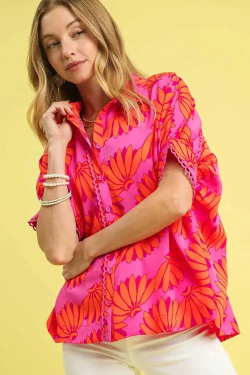 Umgee Printed Button-Up Relaxed Shirt | Tropical Pink & Orange Floral Blouse | Jade Icarus