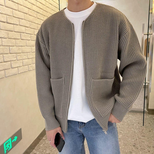 Men Zip Up Knitted Cardigan Lined Funnel Neck Jumper Sweater Pockets