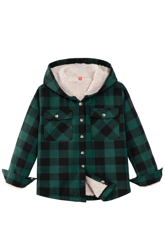 Kids Matching Family Cozy Green Hooded Plaid Flannel Shirt Jacket