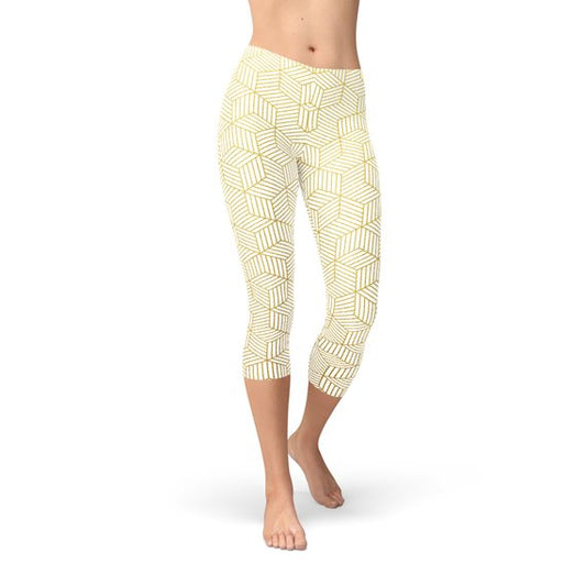 Womens White Capri Leggings w/ Geometric Cubes | Maroon Sooty