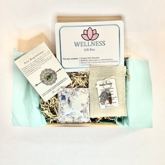 Wellness Gift Box 4 pc set Crystal bracelet, keychain and seed paper