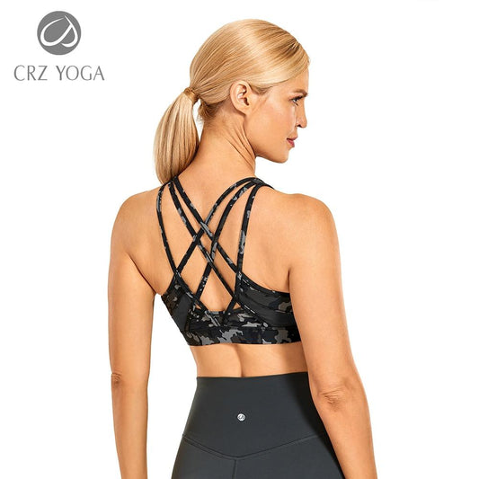 Women's Strappy Sports Bras V Neck Medium Impact Wirefree Padded Yoga