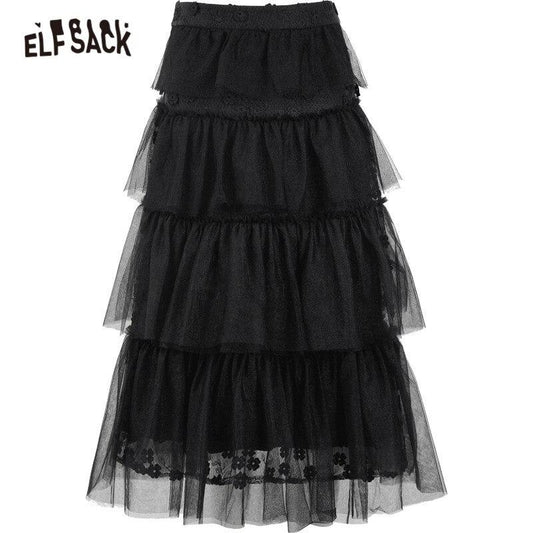 Solid Pure High Waist Casual Women Midi Mesh Skirts,Spring ELF Vintage