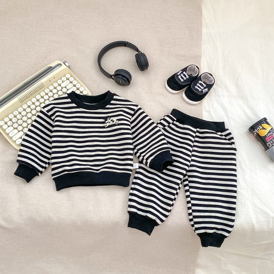 Spring and Autumn Baby Kids Boys Cartoon Pattern Striped Pullover