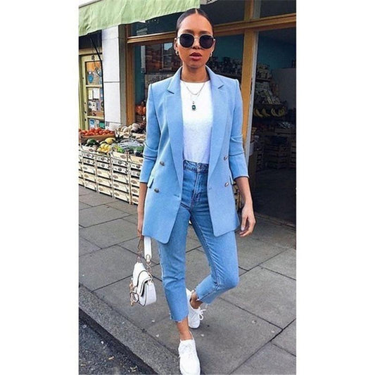 Designer Solid Womens Blazer Fashion Long Styles Double Breasted Suit | Blue Charlie