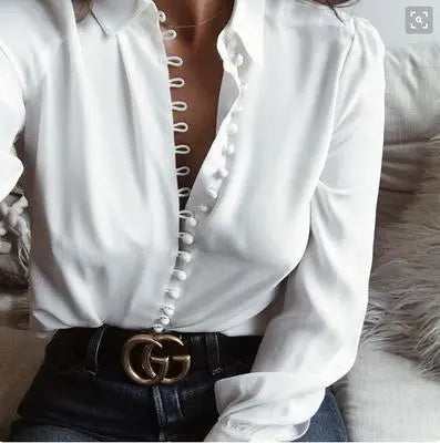 Women’s Elegant White Button-Up Long Sleeve Blouse – Cotton Lapel Shirt | Blue Charlie