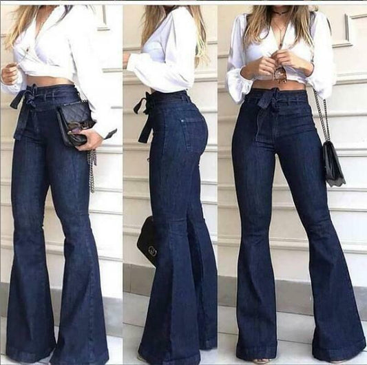 Womens Stretchy Solid Color Denim Trousers High Waist Pockets Bell | Blue Charlie