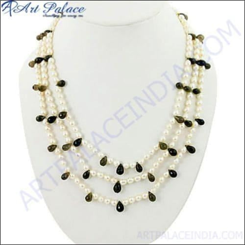 Unique Pearl & Smokey Quartz Gemstone Silver Necklace - Special Design