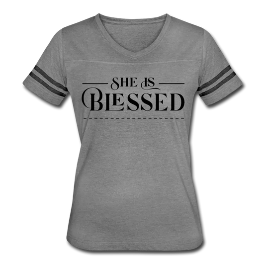 Women’s Graphic Vintage Tee – "She is Blessed" Sport T-shirt | Poly-Cotton Blend, Contrasting Stripes | Grey Coco