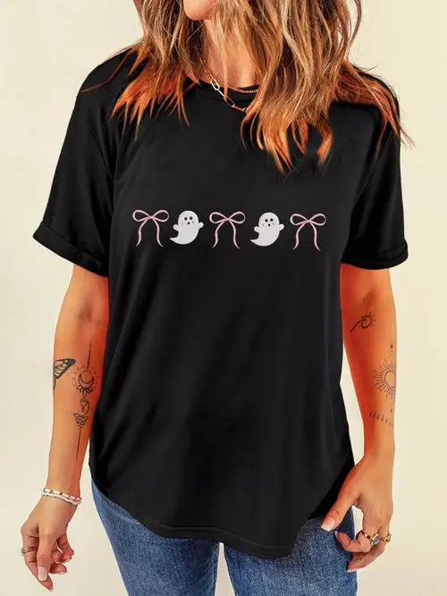 Halloween Ghost Bow Graphic Short Sleeve T-Shirt – Spooky Cute Casual Tee | Ruby Styx