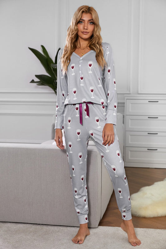 Glass Printed Button Top & Pants Loungewear