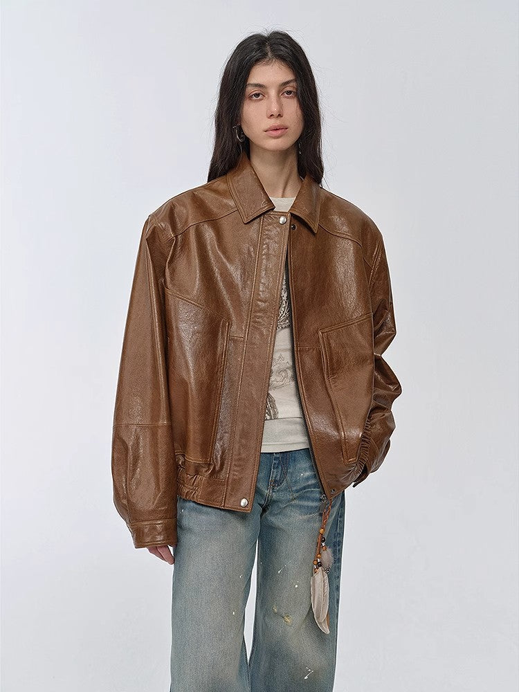 Imported waxed sheep leather retro work jacket coat for women | Brown Coeus