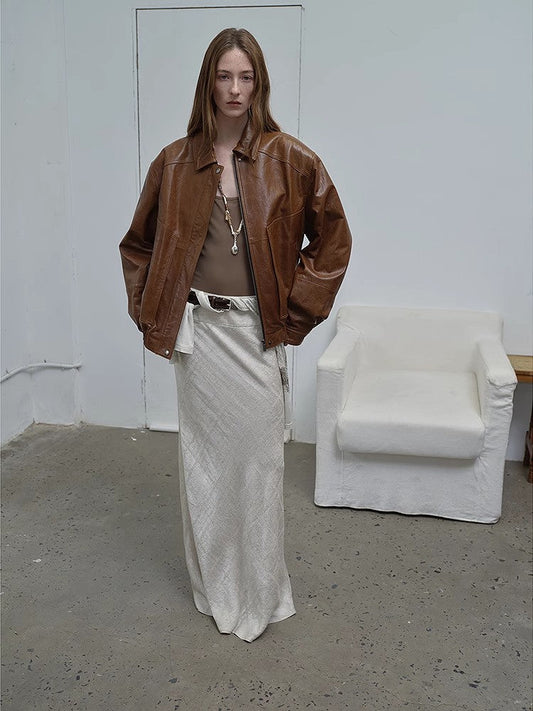 Imported waxed sheep leather retro work jacket coat for women | Brown Coeus