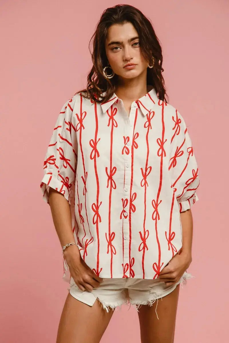 BiBi Bow Ribbon Woven Printed Button Down Shirt | Feminine Button-Up Top | Jade Icarus