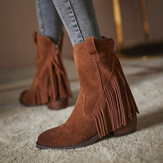 Pointed Tassel Vintage Boots with Thick Heel – "Tassel Edge" Edition