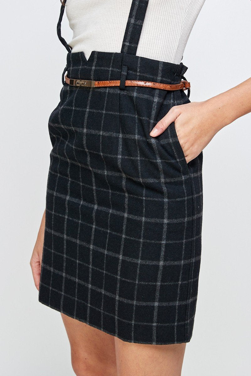 Plaid Suspender Skirt with Belt Detail | Indigo Arrowwood