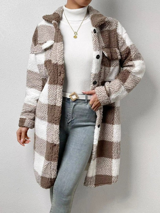 Sherpa plaid long coat | Coral Vanilla
