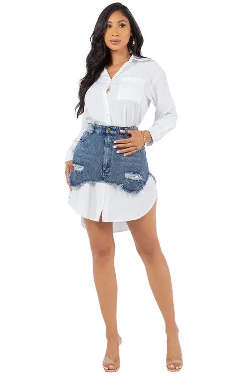 Women’s Fashion Shirt Dress – Sexy Button-Front, Long Sleeves, Denim Mini Skirt Design | Jade Icarus