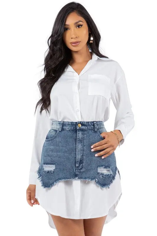 Women’s Fashion Shirt Dress – Sexy Button-Front, Long Sleeves, Denim Mini Skirt Design | Jade Icarus