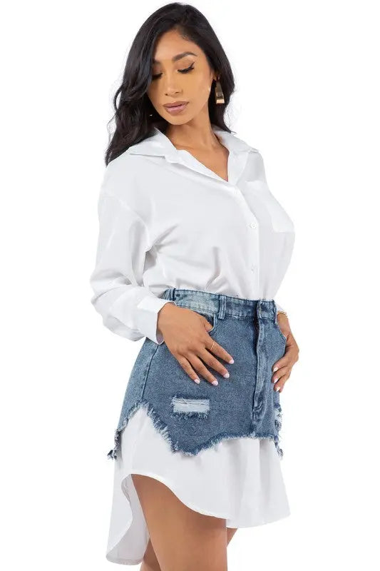 Women’s Fashion Shirt Dress – Sexy Button-Front, Long Sleeves, Denim Mini Skirt Design | Jade Icarus