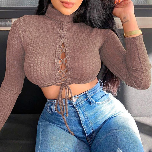 Lace Up Turtleneck Women Crop Top | Sexy Streetwear Club Top