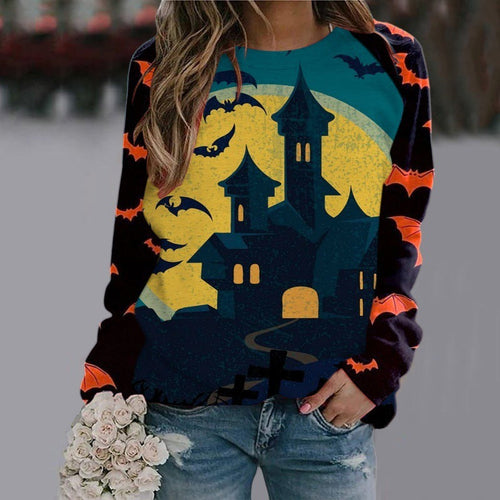 Halloween Cartoon Print Sweatshirt Long Sleeve Pullover Tops Women | Crimson Medea