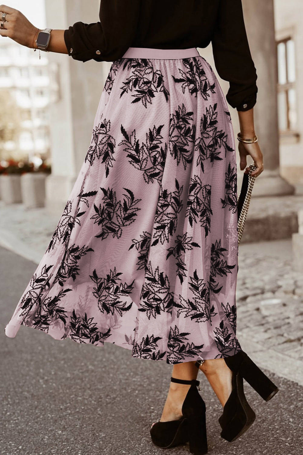 Peach Blossom Floral Leaves Embroidered High Waist Maxi Skirt | Carmine Juneberry