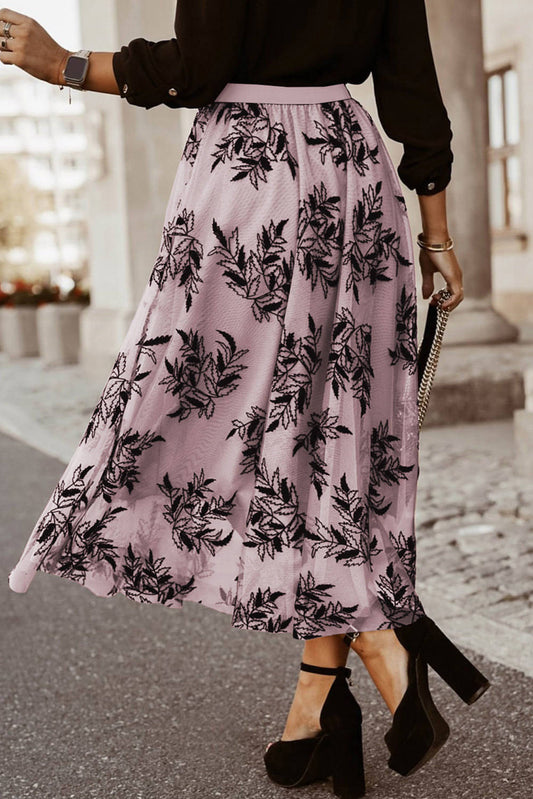 Peach Blossom Floral Leaves Embroidered High Waist Maxi Skirt | Carmine Juneberry