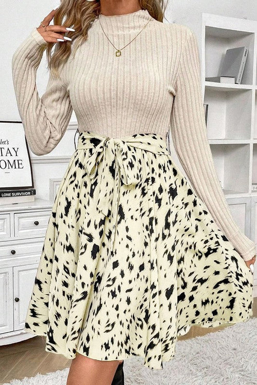 Women Knit Patchwork Printed Belted A-line Dress | Jade Icarus