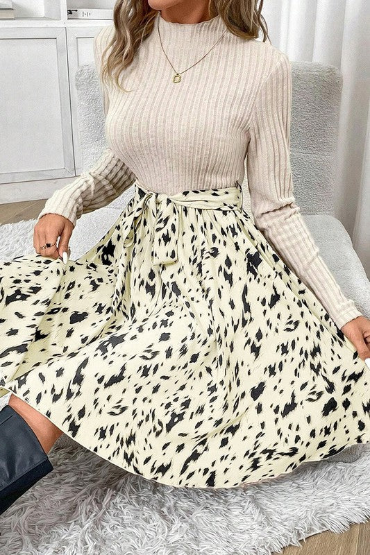 Women Knit Patchwork Printed Belted A-line Dress | Jade Icarus