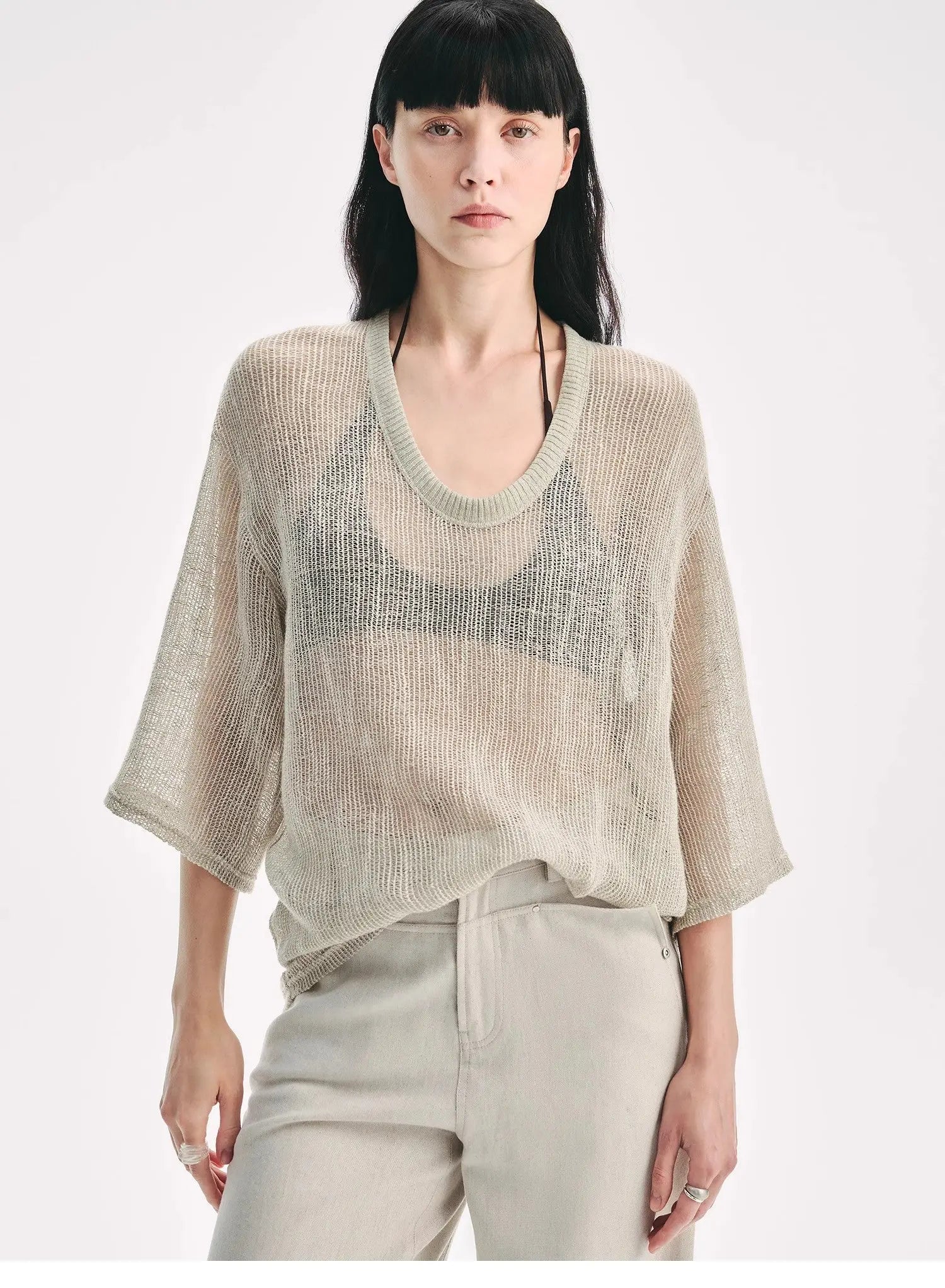 Loose U-neck 3/4 Sleeve Cotton and Linen T-shirt Summer "Inspiration" | Breathable & Chic | Brown Coeus