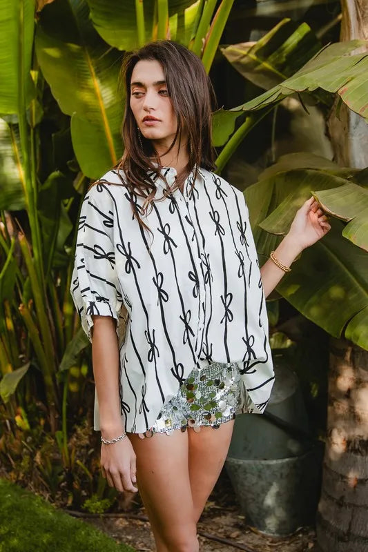 BiBi Bow Ribbon Woven Printed Button Down Shirt | Elegant & Versatile Top | Jade Icarus