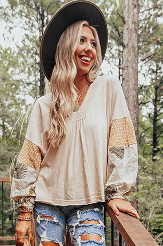 Women Puff Sleeve Patchwork V Neck Sweatshirts | Jade Icarus