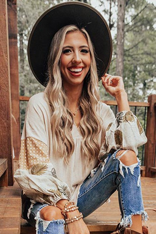 Women Puff Sleeve Patchwork V Neck Sweatshirts | Jade Icarus