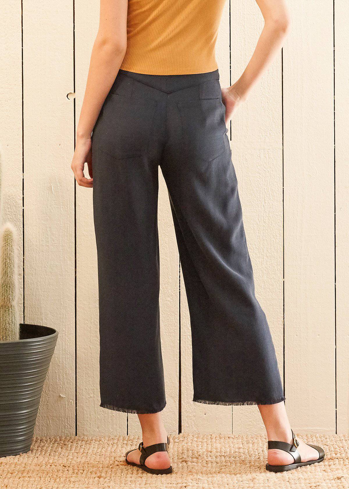 Women's Fringe Hem Cropped Pants in Navy | Lemon Hera