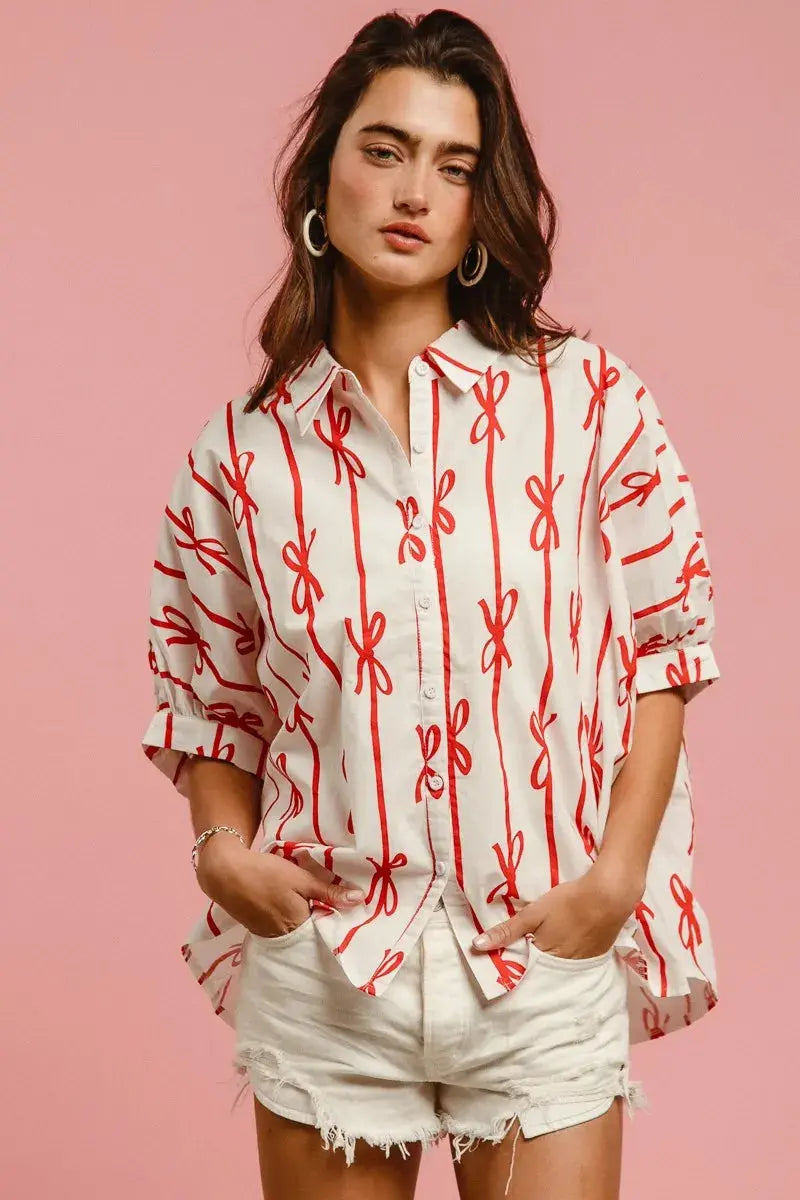 BiBi Bow Ribbon Woven Printed Button Down Shirt | Feminine Button-Up Top | Jade Icarus