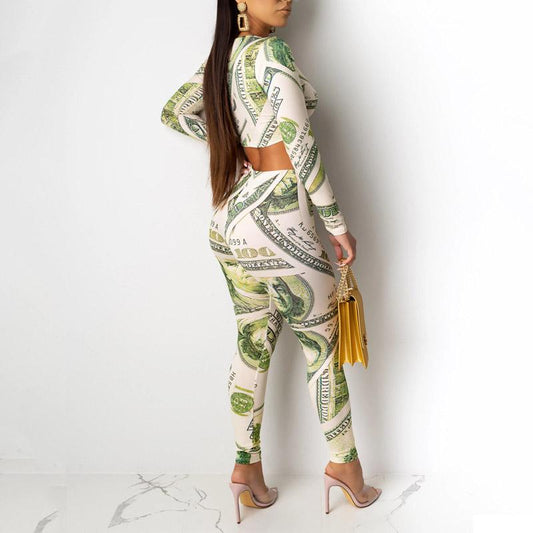 Dollar printing o neck jumpsuit Women slim long sleeve high