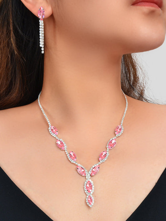 Luxurious Wedding Jewellery Set Pink Crystal Water Drop Necklace