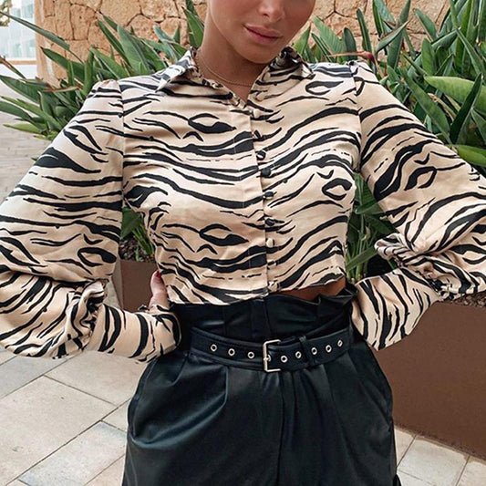 Animal print satin blouse shirt Women turndown collar buttons