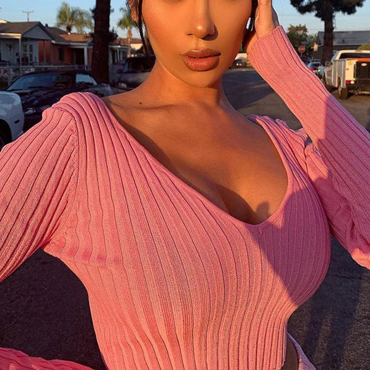 Cotton Black Short Crop Top – Women Autumn V Neck Off Shoulder, Glamaker