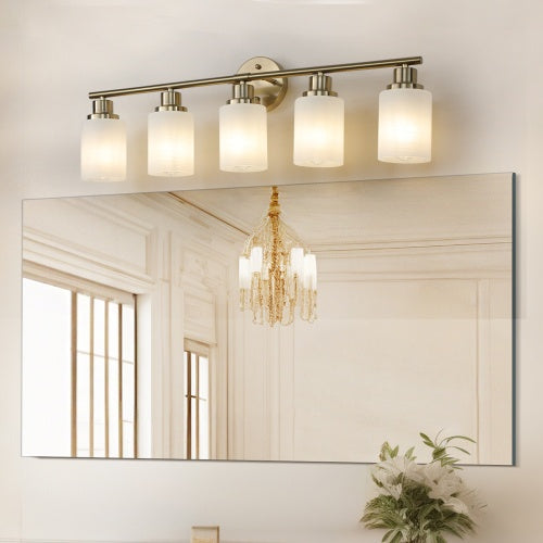 5 Lamps Gold Bathroom Vanity Lamp, Frosted Glass Shade, Modern Wall