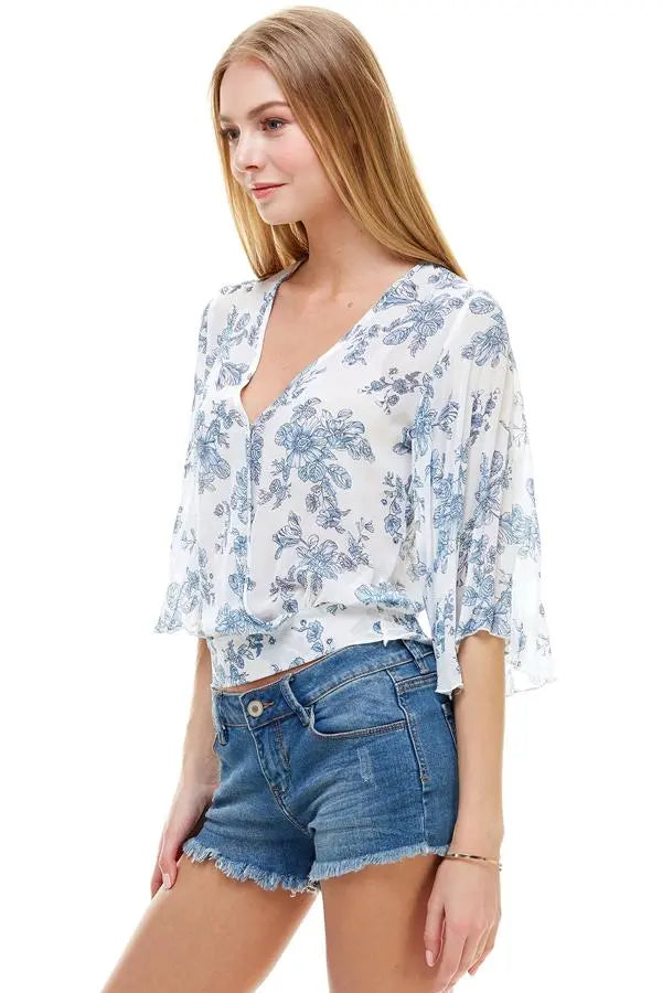 Long Sleeve Surplice Floral Top | Tie-Back Deep V Blouse | Indigo Arrowwood