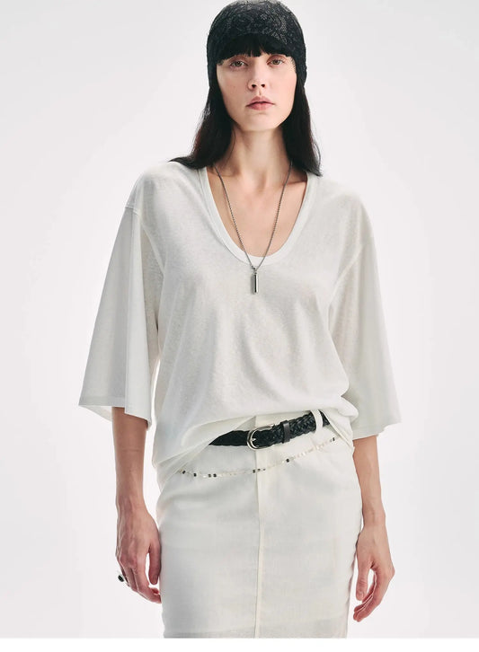 Loose U-neck 3/4 Sleeve Cotton and Linen T-shirt Summer "Inspiration" | Breathable & Chic | Brown Coeus