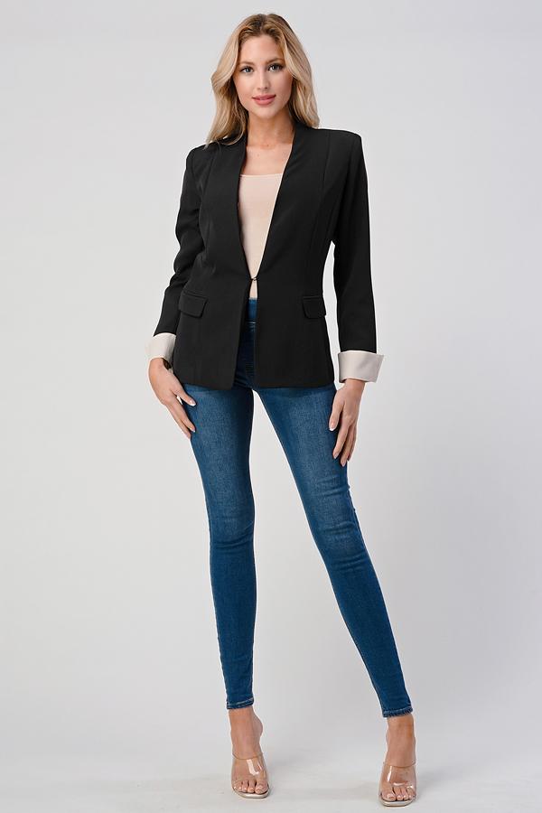 Women fashion blazer with collarless | Indigo Arrowwood