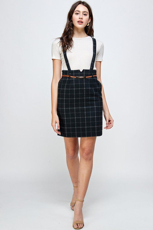 Plaid Suspender Skirt with Belt Detail | Indigo Arrowwood
