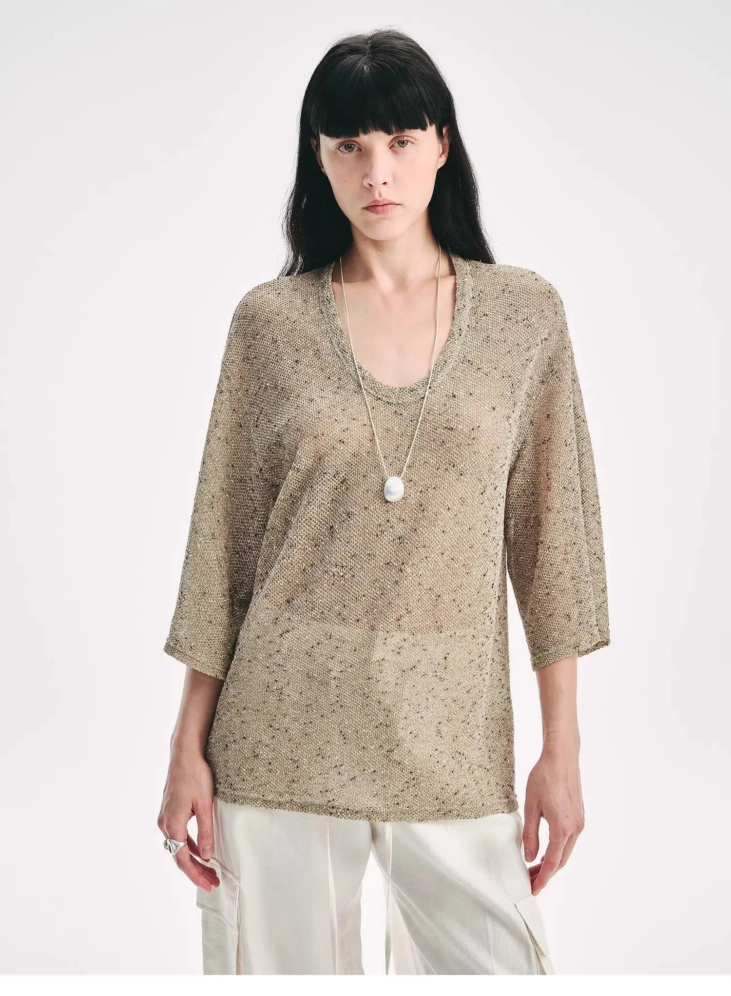 Loose U-neck 3/4 Sleeve Cotton and Linen T-shirt Summer "Inspiration" | Breathable & Chic | Brown Coeus