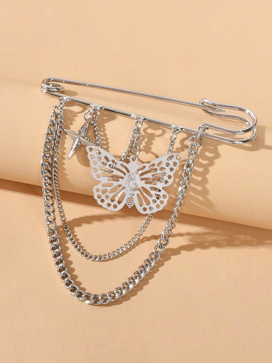 Star Butterfly Charm Silver Chain Tassel Safety Lapel Pins Brooches