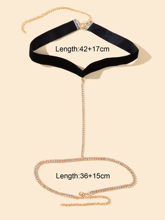 1pc Sexy Body Jewelry Gold Chain Crystal Black Velvet Bikini Stretchy